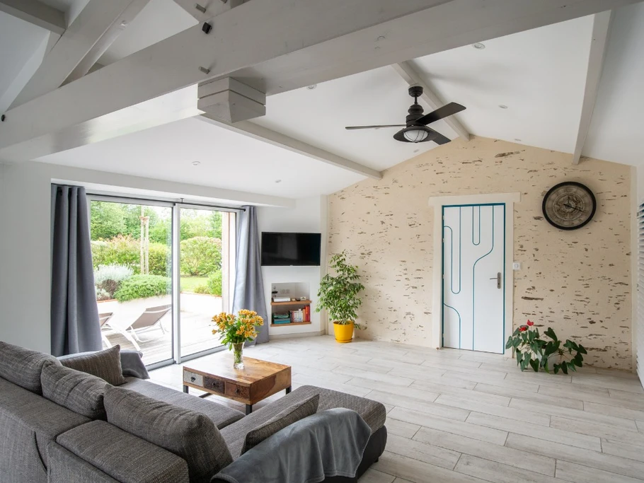 Pièce de vie avec coin salon et canapé-lit.