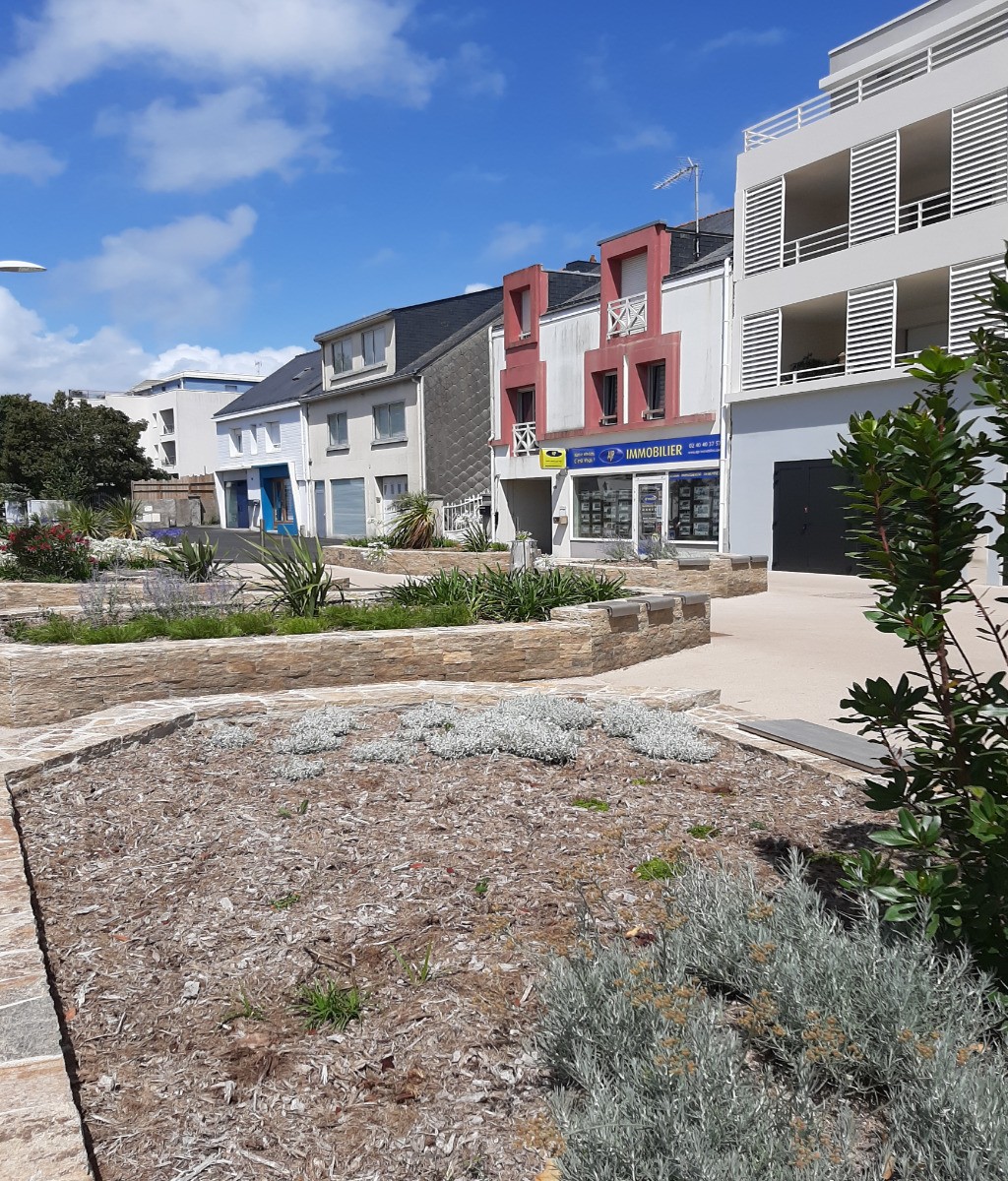 Square paysagé au bas de l'immeuble