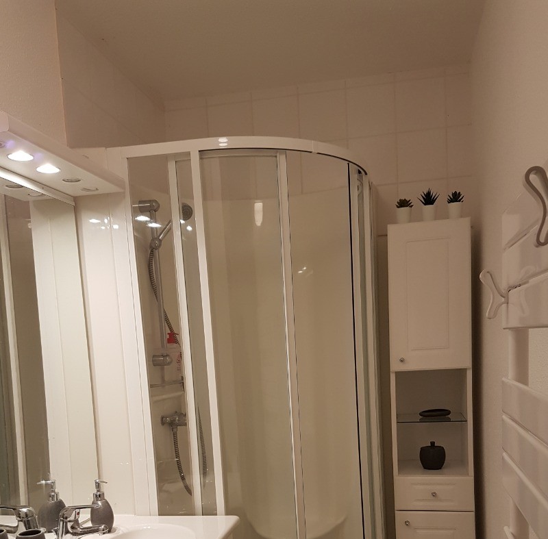 Salle d'eau, douche, WC, radiateur sèche serviettes, sèche-cheveux