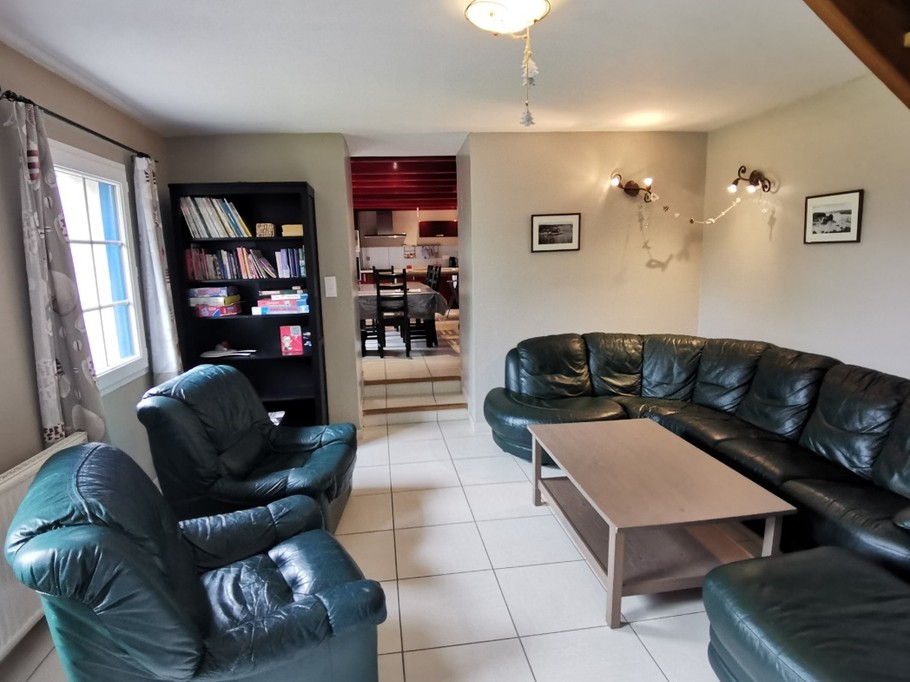 Salon avec TV et coin bibliothèque