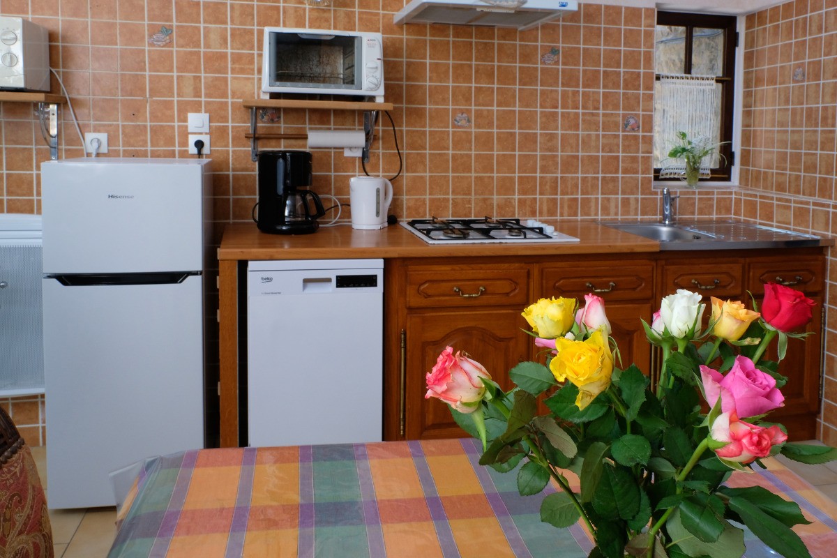 La cuisine équipée de 4 feux gaz - frigo - congélateur - lave-vaisselle - mini-four - micro-onde - cafetière électrique etc ...