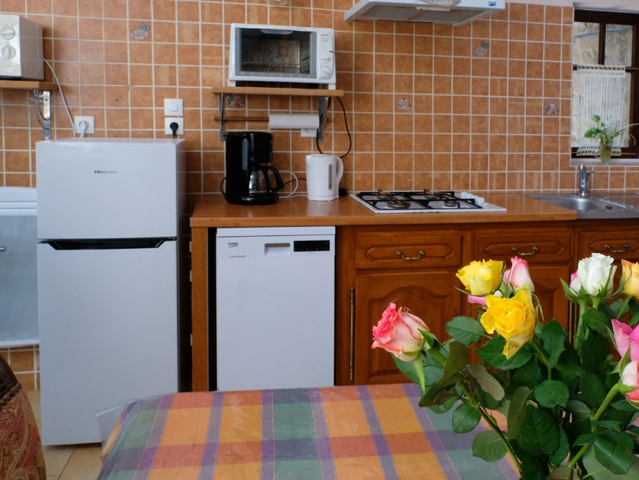 La cuisine équipée de 4 feux gaz - frigo - congélateur - lave-vaisselle - mini-four - micro-onde - cafetière électrique etc ...