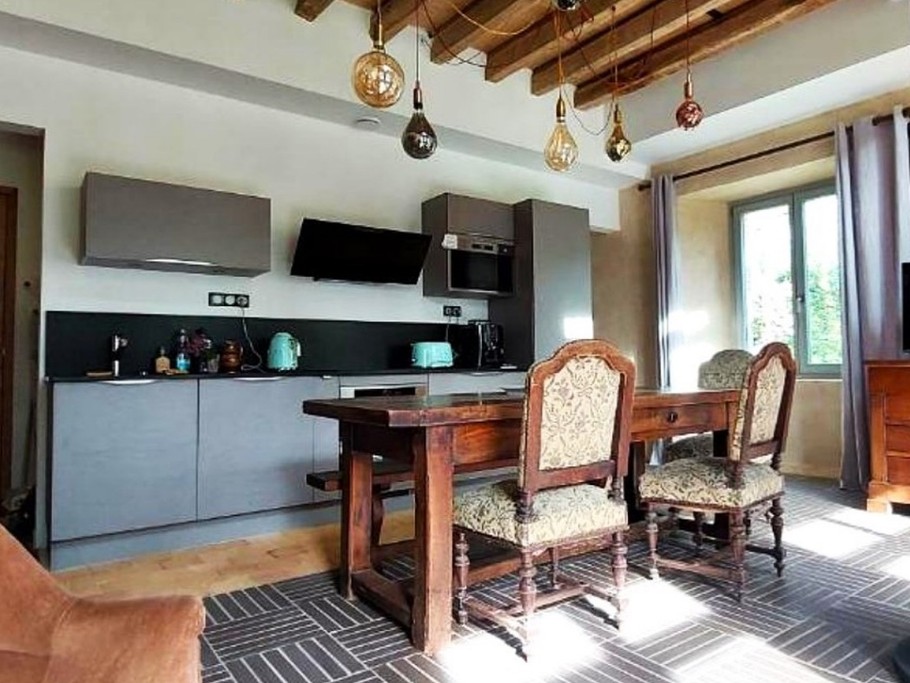 Pièce de vie en rez-de-jardin équipée d'un poêle à bois, avec espace salon, espace séjour et espace cuisine parfaitement équipée. Vaisselle haut de gamme fabriquée en France et électroménager de très bonne qualité.
