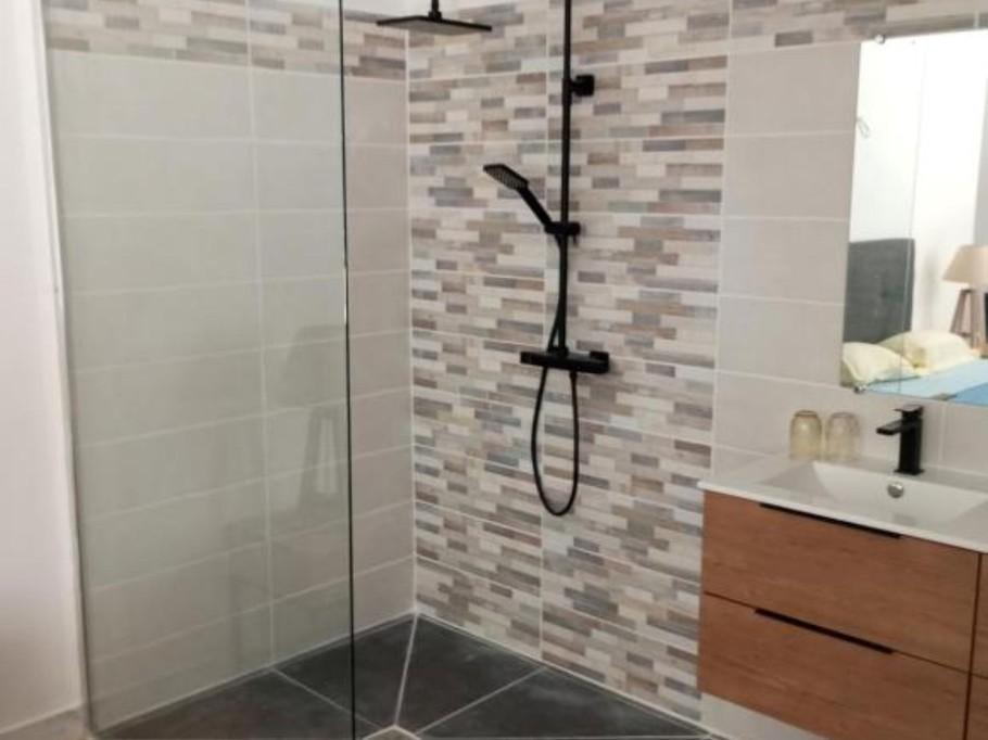 The shower room with Italian shower and washbasin, separate toilet in the Ibiza bedroom at Belluire, Charente maritime