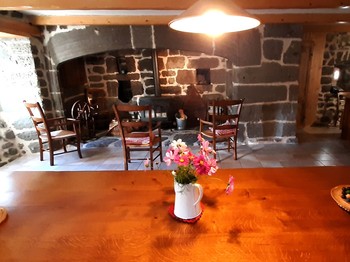 Rez-de-terrasse surélevé : Pièce commune avec TV à écran plat, cheminée d'antan, ...