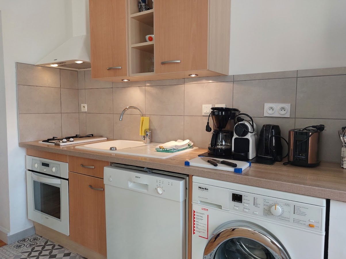 Fully equipped kitchen, hob, oven, dishwasher, washing machine, fridge Agapanthe gîte