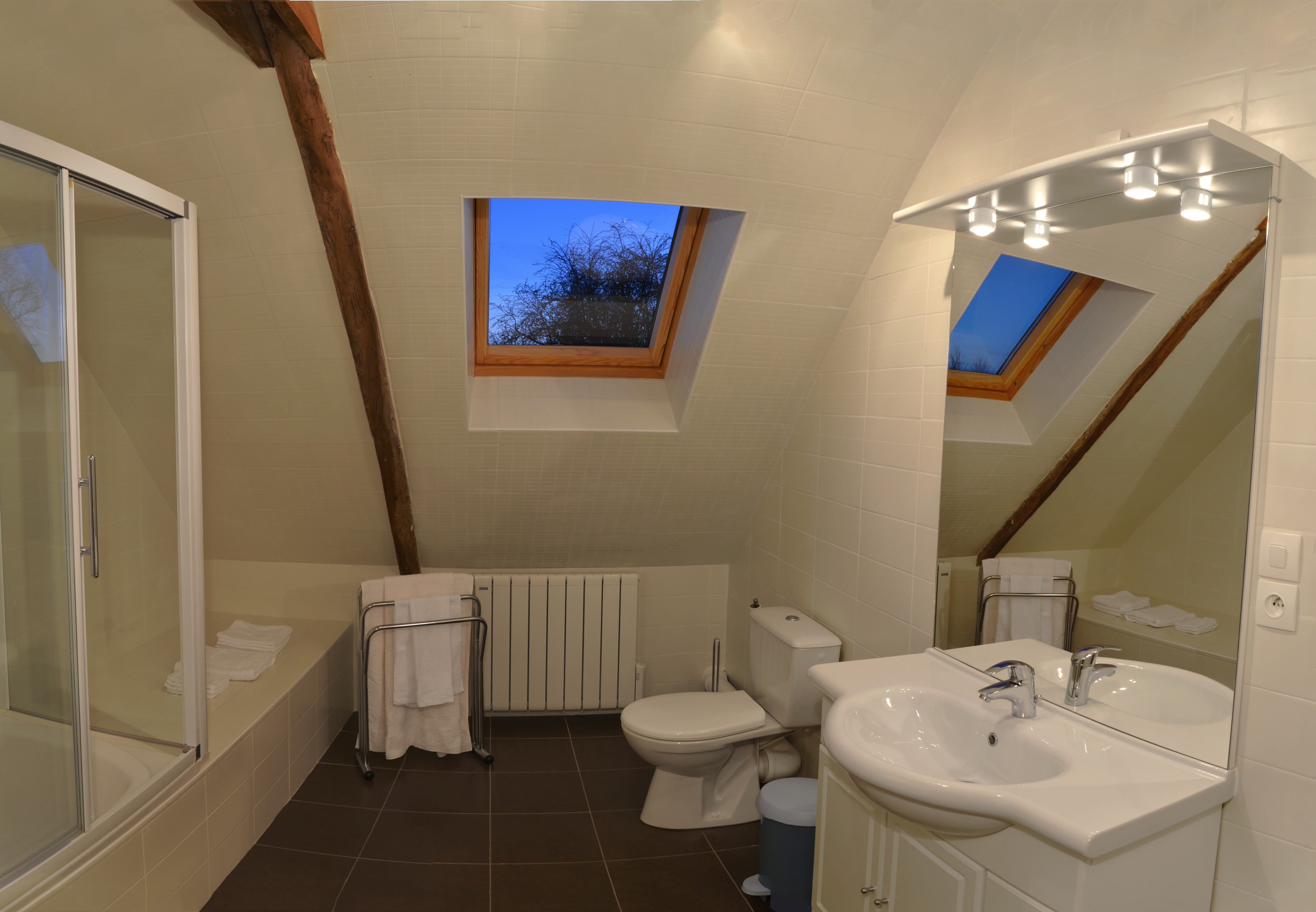 Salle de bain avec baignoire et paroi de douche, meuble vasque, WC