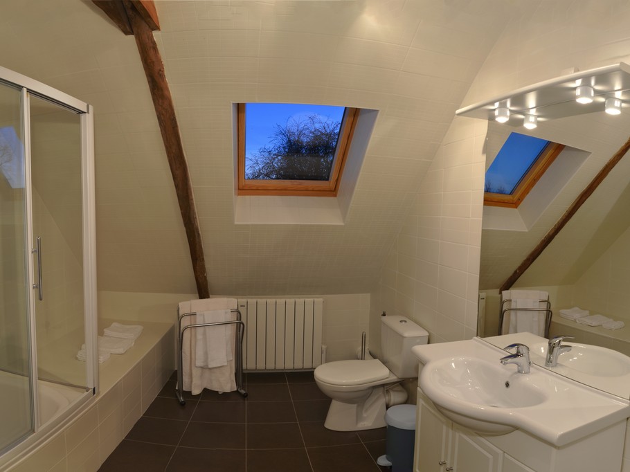 Salle de bain avec baignoire et paroi de douche, meuble vasque, WC