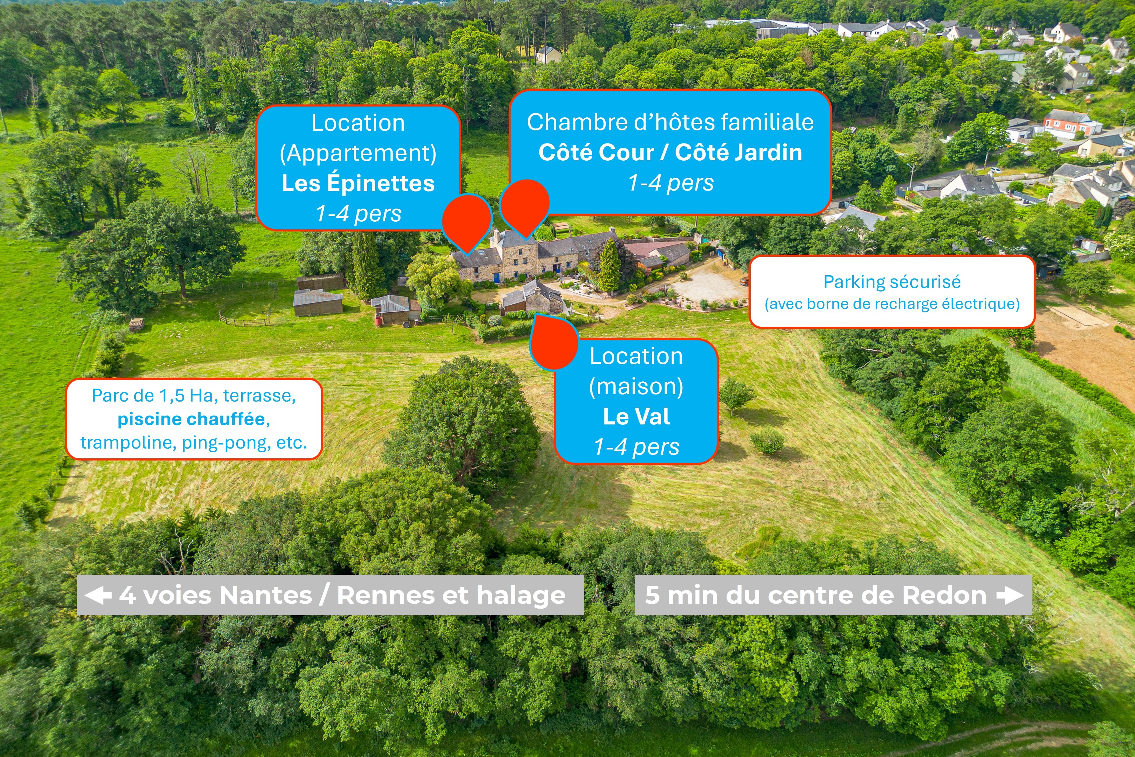 Photo drone présentant l'ensemble de la propriété de la Riaudaie à Redon, et la répartition des hébergements. 