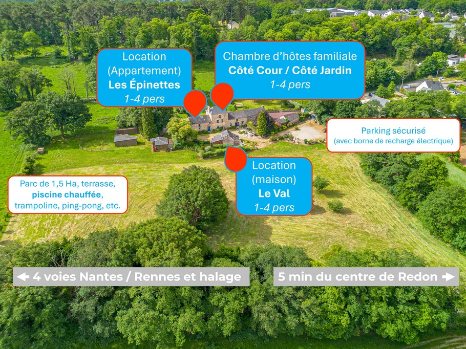 Photo drone présentant l'ensemble de la propriété de la Riaudaie à Redon, et la répartition des hébergements.