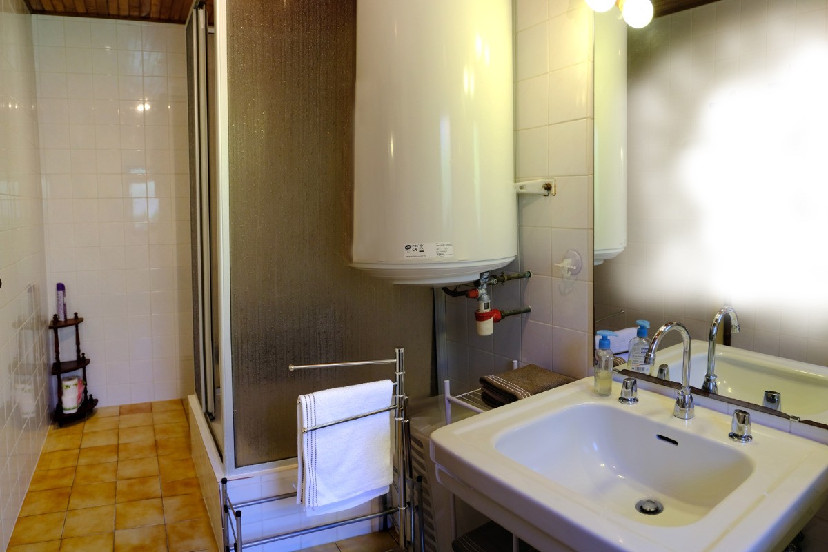 La salle d' eau avec lavabo, cabine de douche et WC