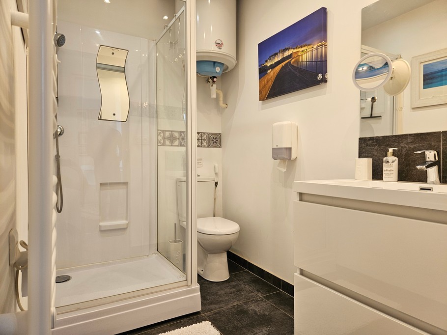 Salle d'eau avec meuble vasque, radiateur sèche serviette, douche grande dimension et WC, attenants à la chambre