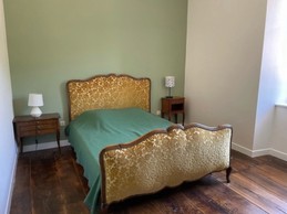 Chambre verte spacieuse avec lit double et parquet ancien dans une maison historique du Cantal