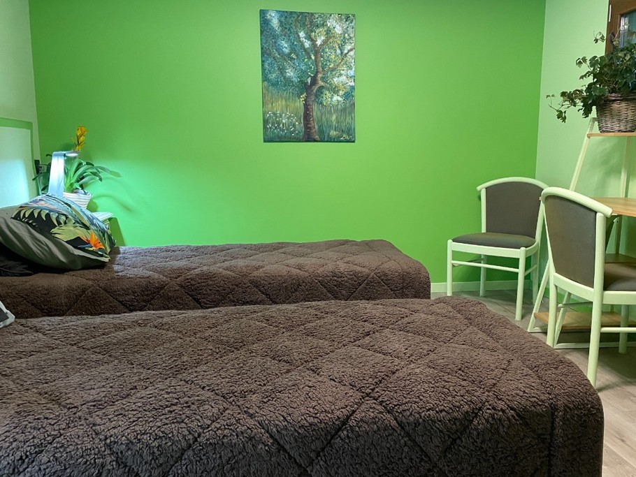 Les lits séparés dans la chambre du rez de chaussée.