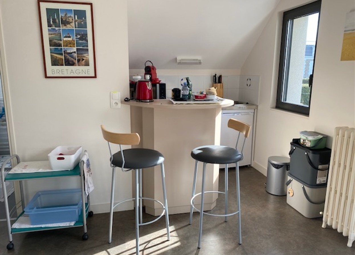 Studio with kitchenette on the left, comfortable convertible sofa bed 160 x 200 cm, dining table, desk, TV, storage space, private shower room and WC.