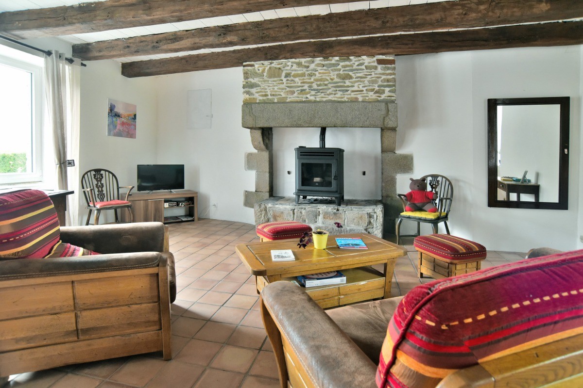 Coin salon dans la pièce de vie de 62m² avec poêle (pelé).