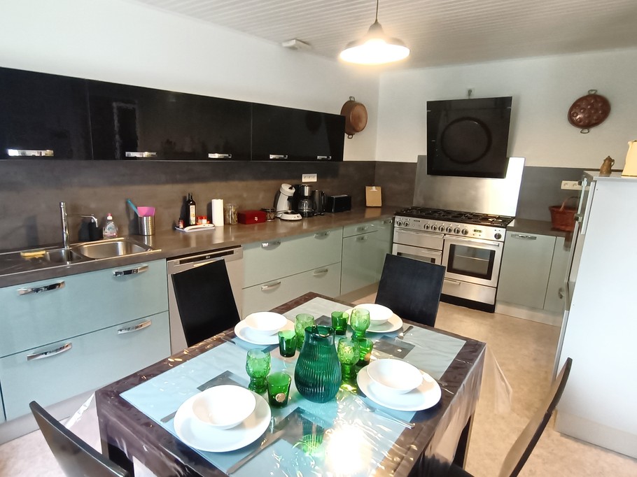 cuisine équipée avec piano de cuisson, frigo, congélateur, micro ondes, bouilloire, cafetière filtre et cafetière Senseo, lave vaisselle