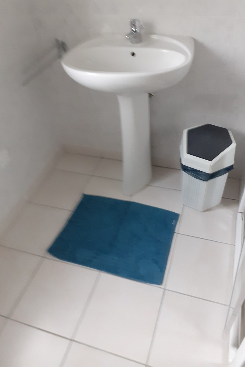 Salle d'eau avec lavabo, douche, radiateur sèche-serviette.