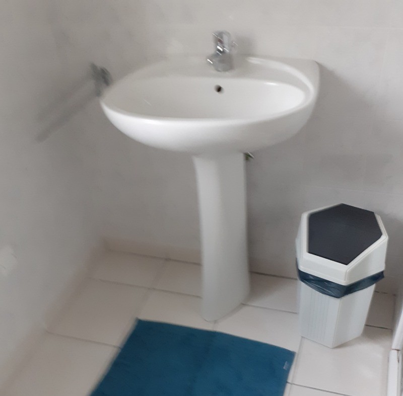 Salle d'eau avec lavabo, douche, radiateur sèche-serviette.