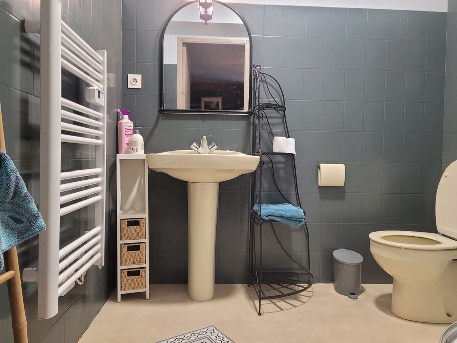 Le Goaster, Ferme de Kerloury, Gîte Tulipe, 2-4 personnes, la salle d'eau avec douche lavabo et WC attenant à la chambre de l'étage