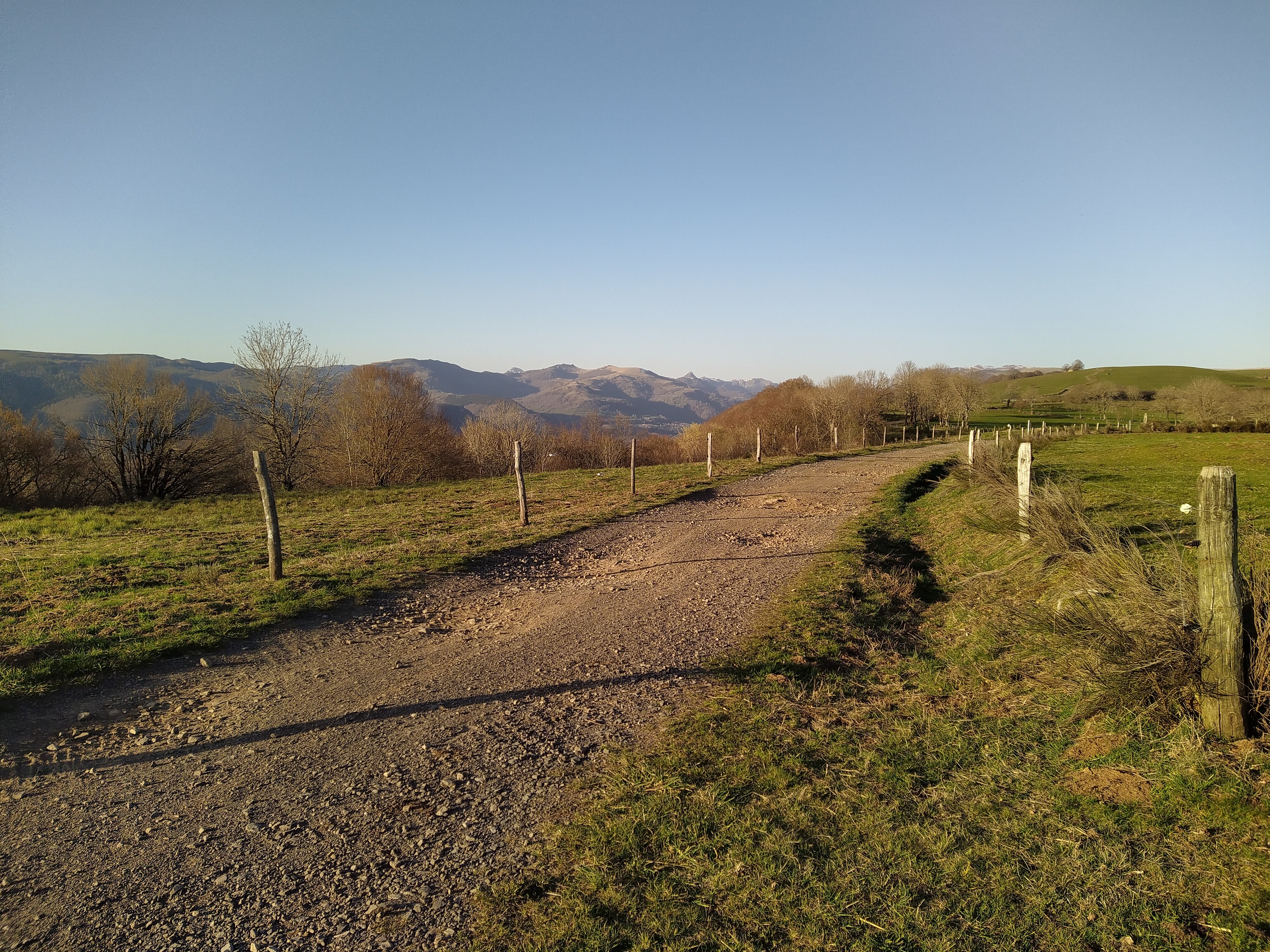 Sentier sur le sommet de la montagne près du gîte, au loin le Plomb du Cantal et le Puy Griou