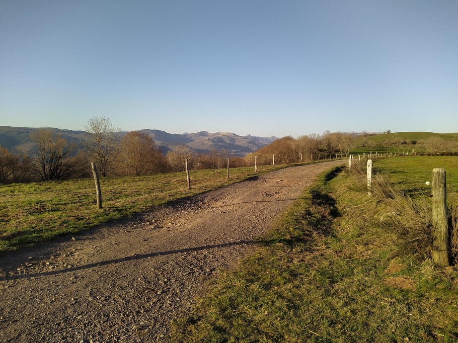 Sentier sur le sommet de la montagne près du gîte, au loin le Plomb du Cantal et le Puy Griou