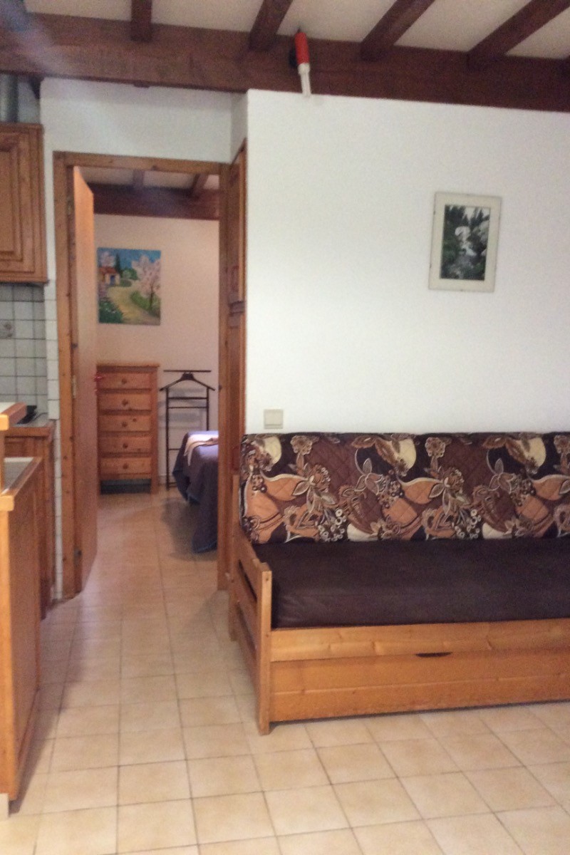Le séjour avec le canapé et la chambre au fond