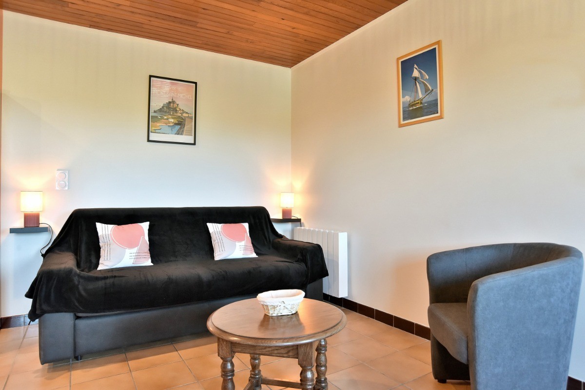 Pièce de vie avec un coin cuisine neuve et très bien équipée, un coin séjour et un coin salon (canapé-lit confortable et convertible  de 140x190 cm)