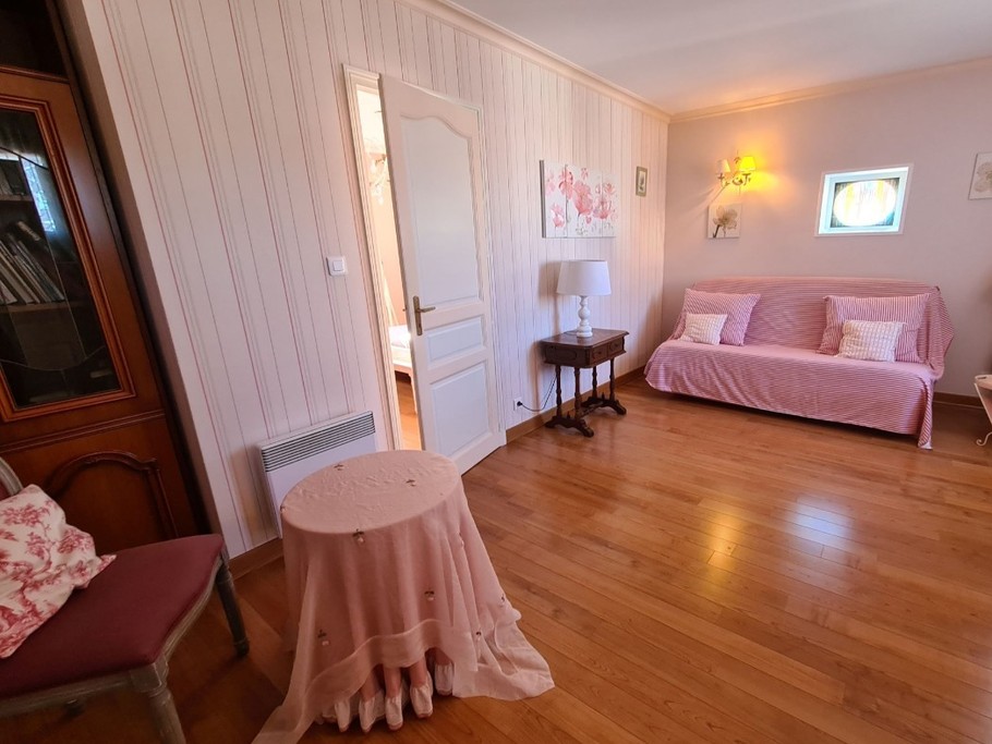 salon avec bibliothèque et canapé de La 1ere SUITE