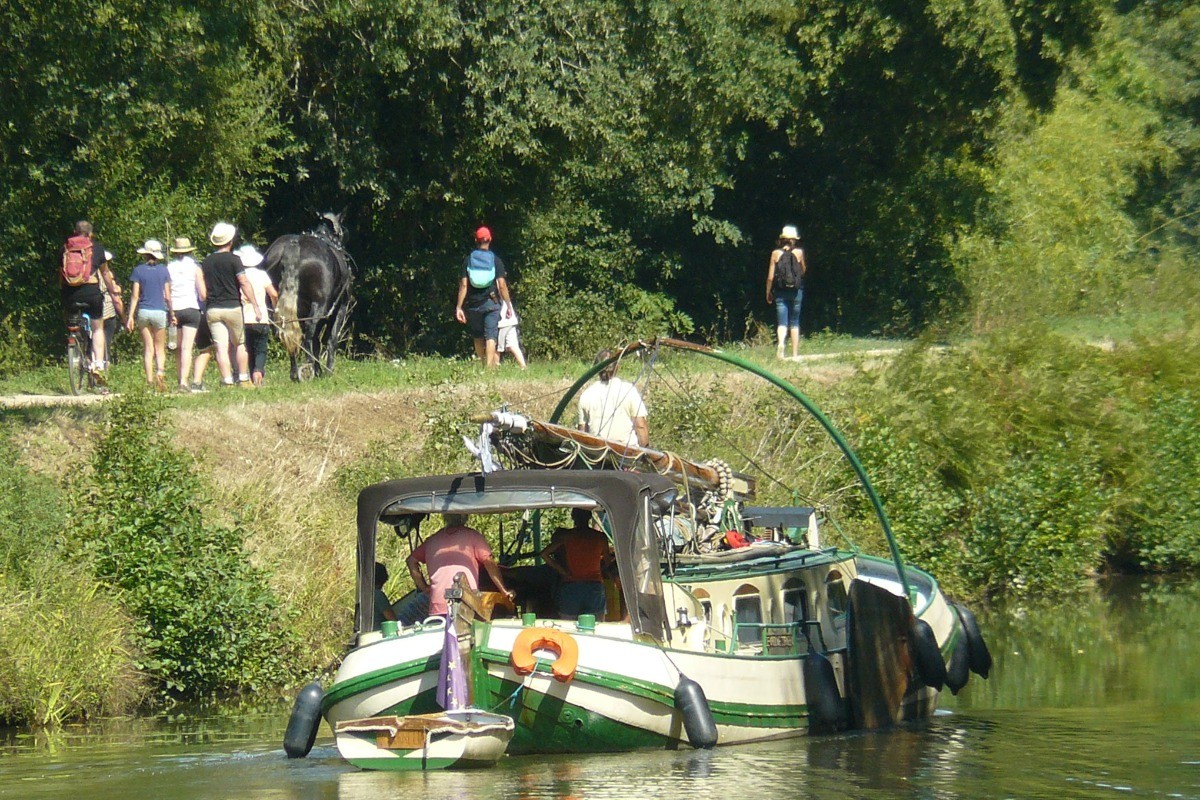 Péniche tractée par cheval de trait sur Canal Nantes Brest
