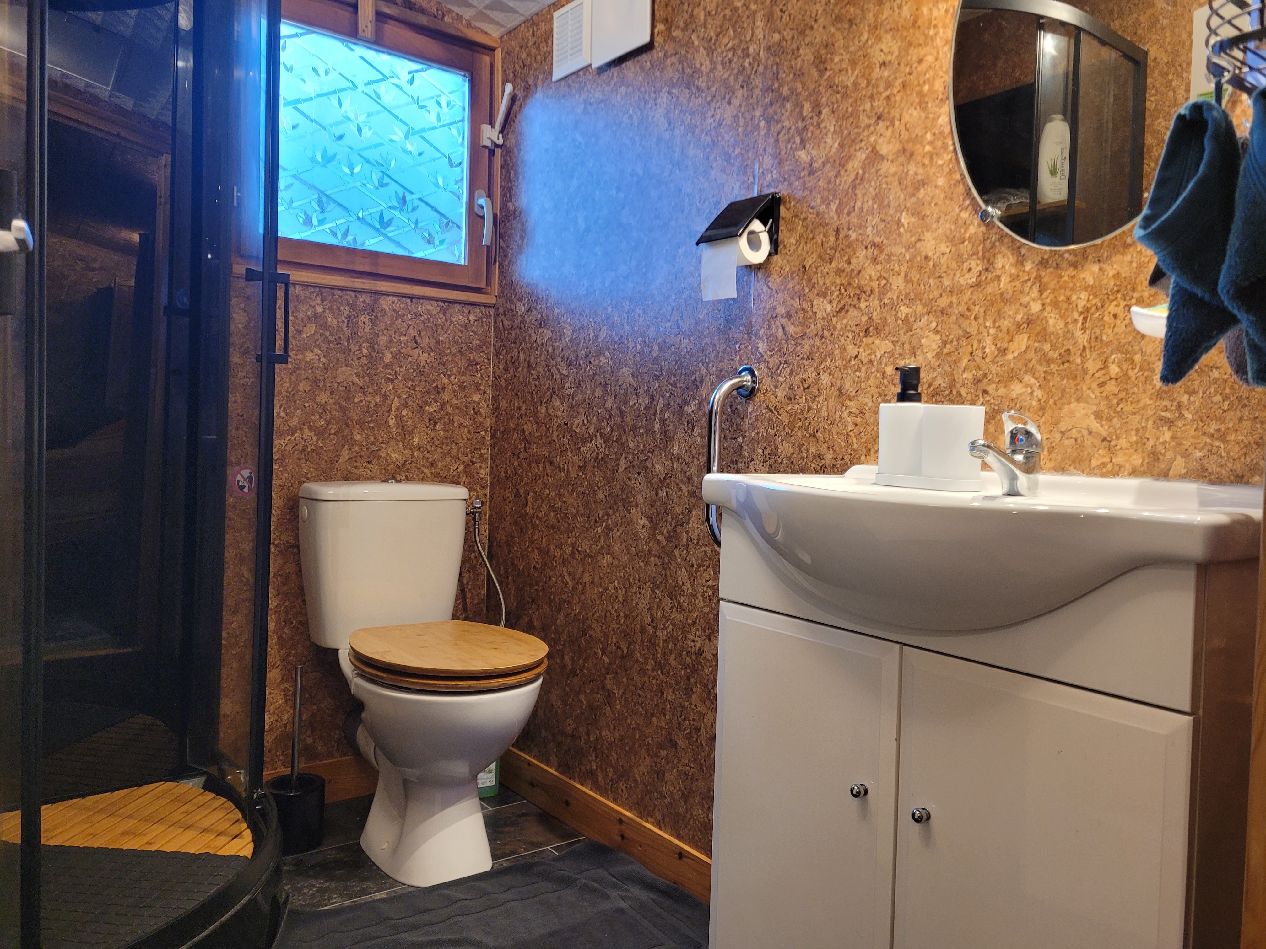 Shower room with washbasin and WC Clévacances rental, Chalet Mimosas, Gite de Kerhars
