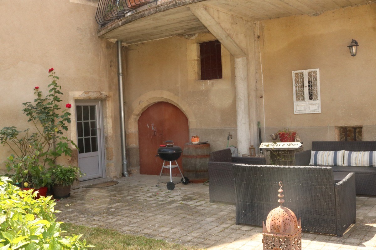 The main entrance to the gîte at the foot of the tower