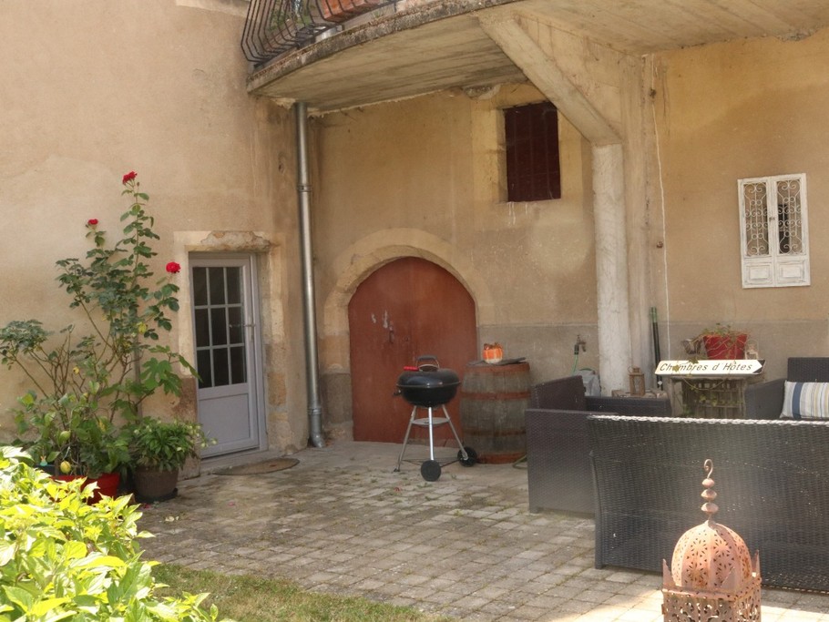 The main entrance to the gîte at the foot of the tower