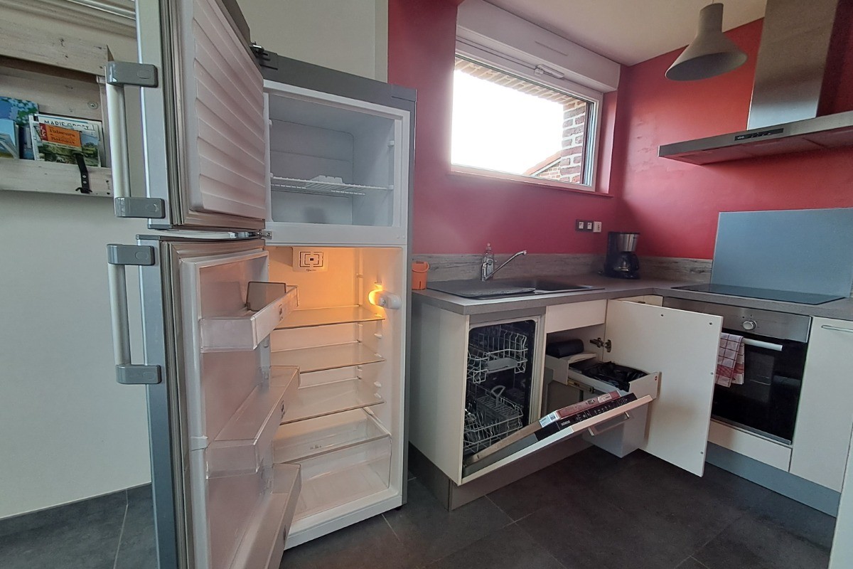 Cuisine équipée : frigidaire, congélateur, lave vaisselle, poubelles tri sélectif, four, plaque induction, micro onde