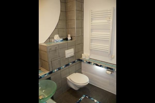 Salle de bains avec toilettes et radiateur sèche-serviettes