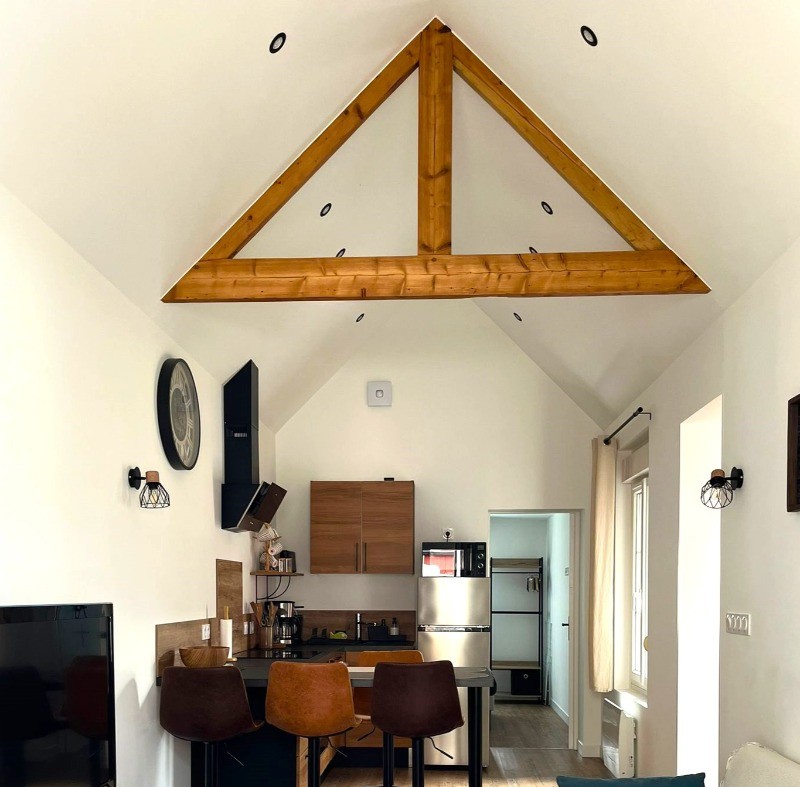 Pièce de vie spacieuse avec une belle hauteur sous plafond. Coin cuisine et coin salon.