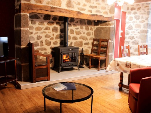 Salon chaleureux avec poêle à bois, canapé confortable et ambiance rustique dans le gîte