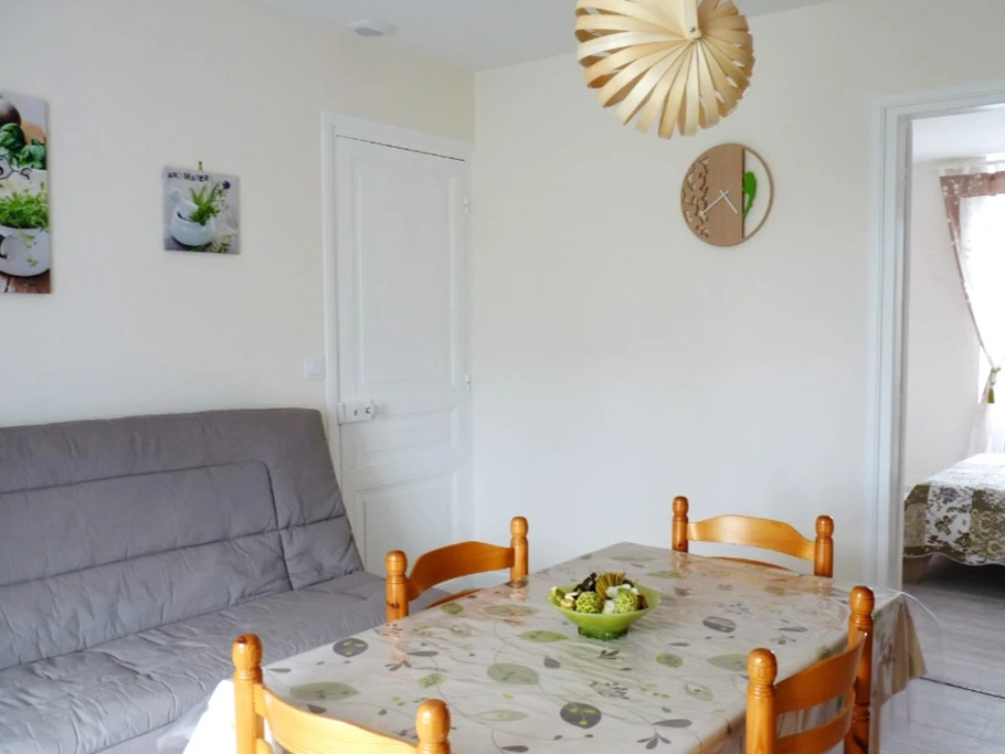 Pièce de vie avec coin cuisine aménagée et bien équipée et coin salon avec TV. Canapé convertible.