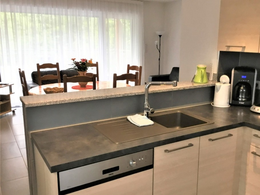 Cuisine ouverte, accès terrasse couverte depuis le salon/séjour