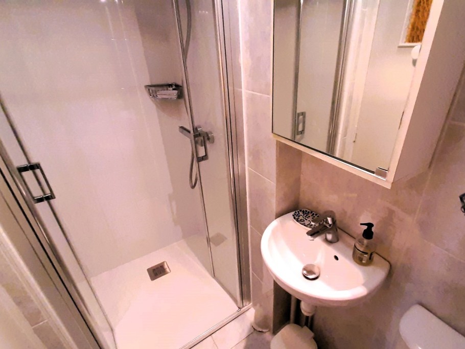 RDC : nouvelle SDE avec douche moderne, lave-mains et WC.