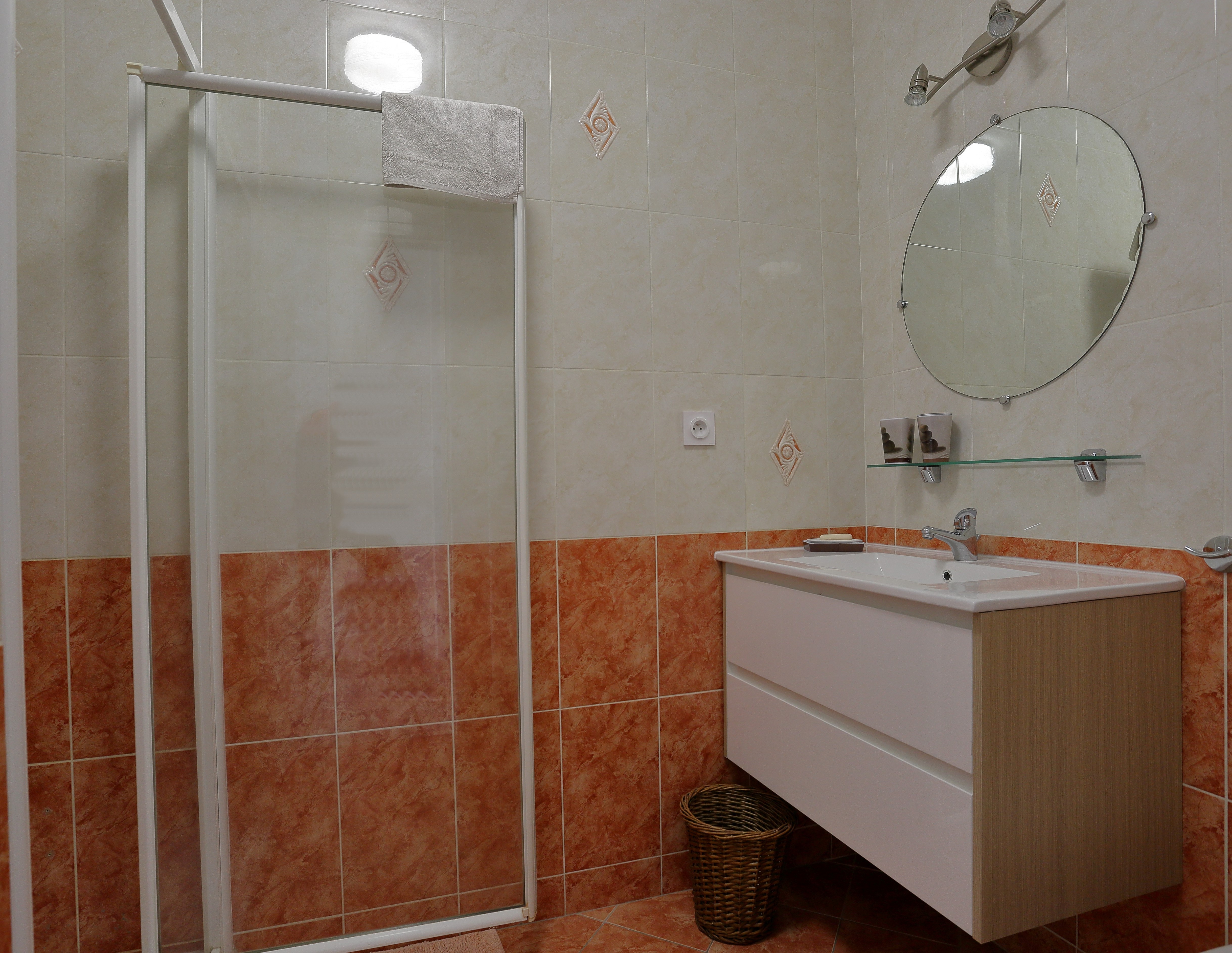 salle d eau. cabine de douche, lavabo, bidet