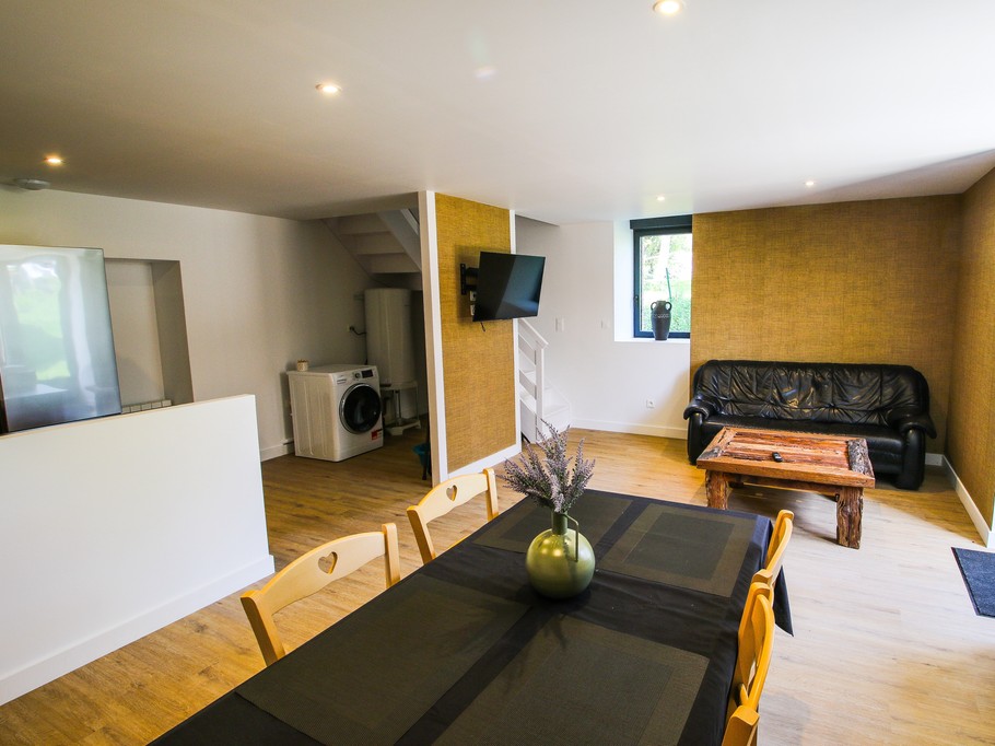 Pièce de vie au RDC avec espace salon et TV, espace séjour et espace cuisine toute équipée (congélateur, plaques induction, machine à café + expresso, etc.).
Machine à laver