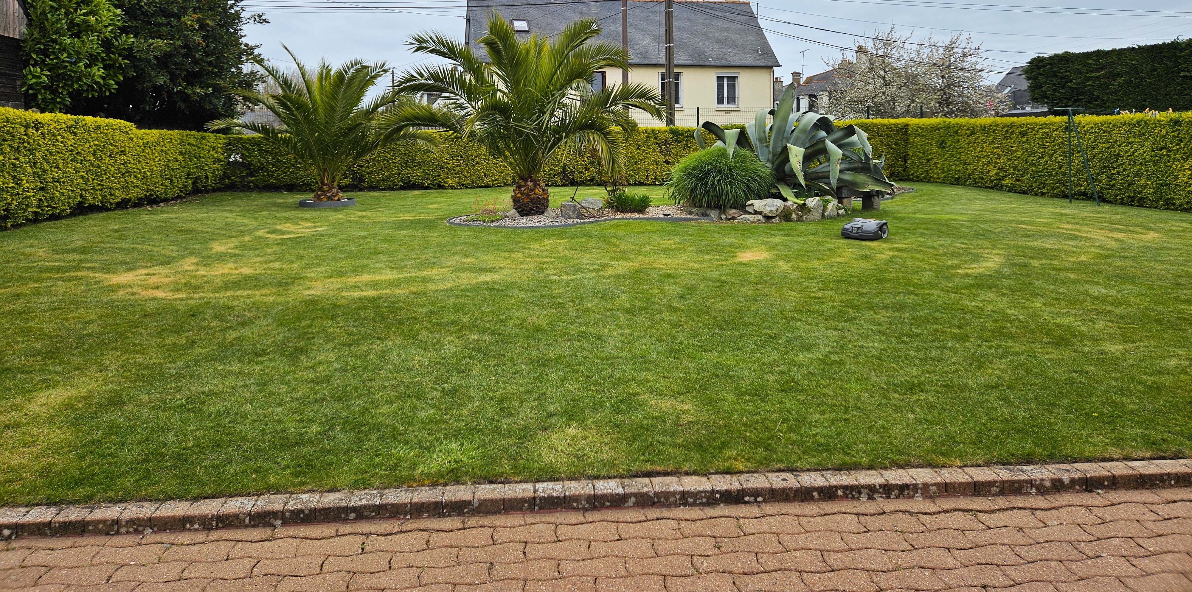 Jardin avec terrasse, mobiliers de jardin, transats, barbecue, parasol