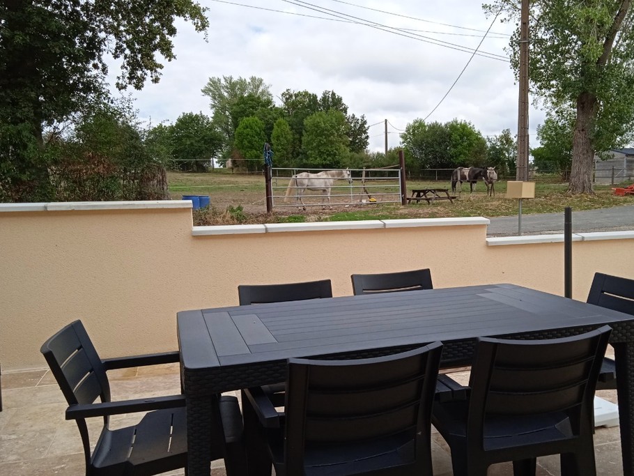 Table de terrasse avec vue sur le champ des chevaux