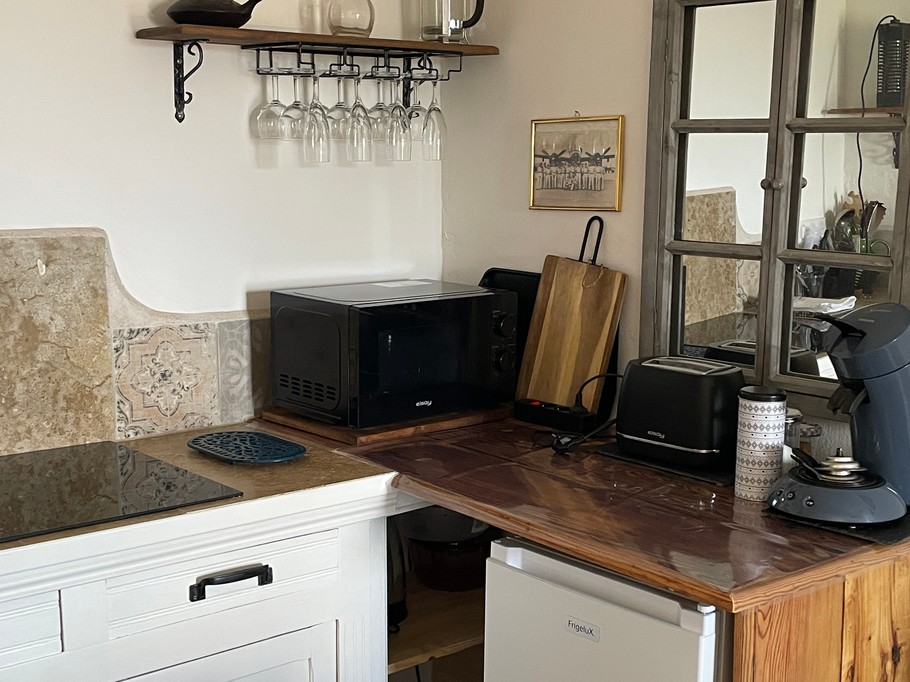 Cuisine equipée : refrigerateur, micro onde grill, plaques cuisson