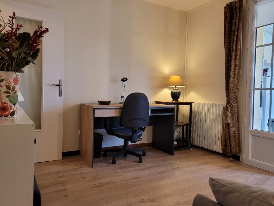 Canapé, bibliothèque, bureau, TV