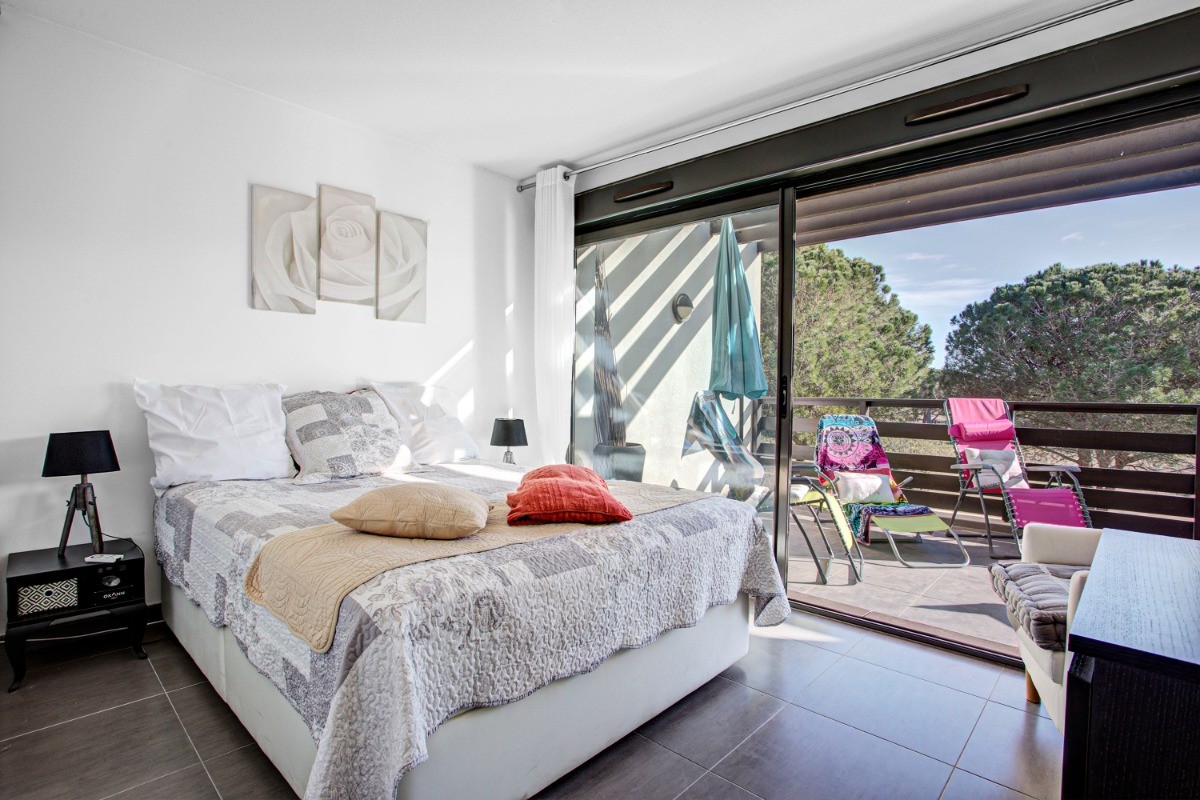Chambre climatisée, avec lit double 160 X 200 et baies ouvrant sur terrasse + TV Good night !