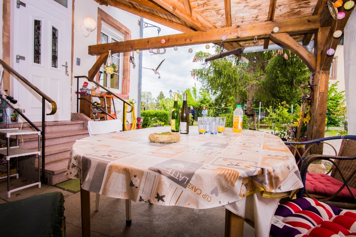 Terrasse couverte et espace jardin