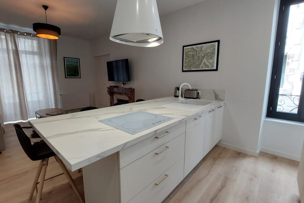 Cuisine ouverte moderne avec îlot central, plaque de cuisson