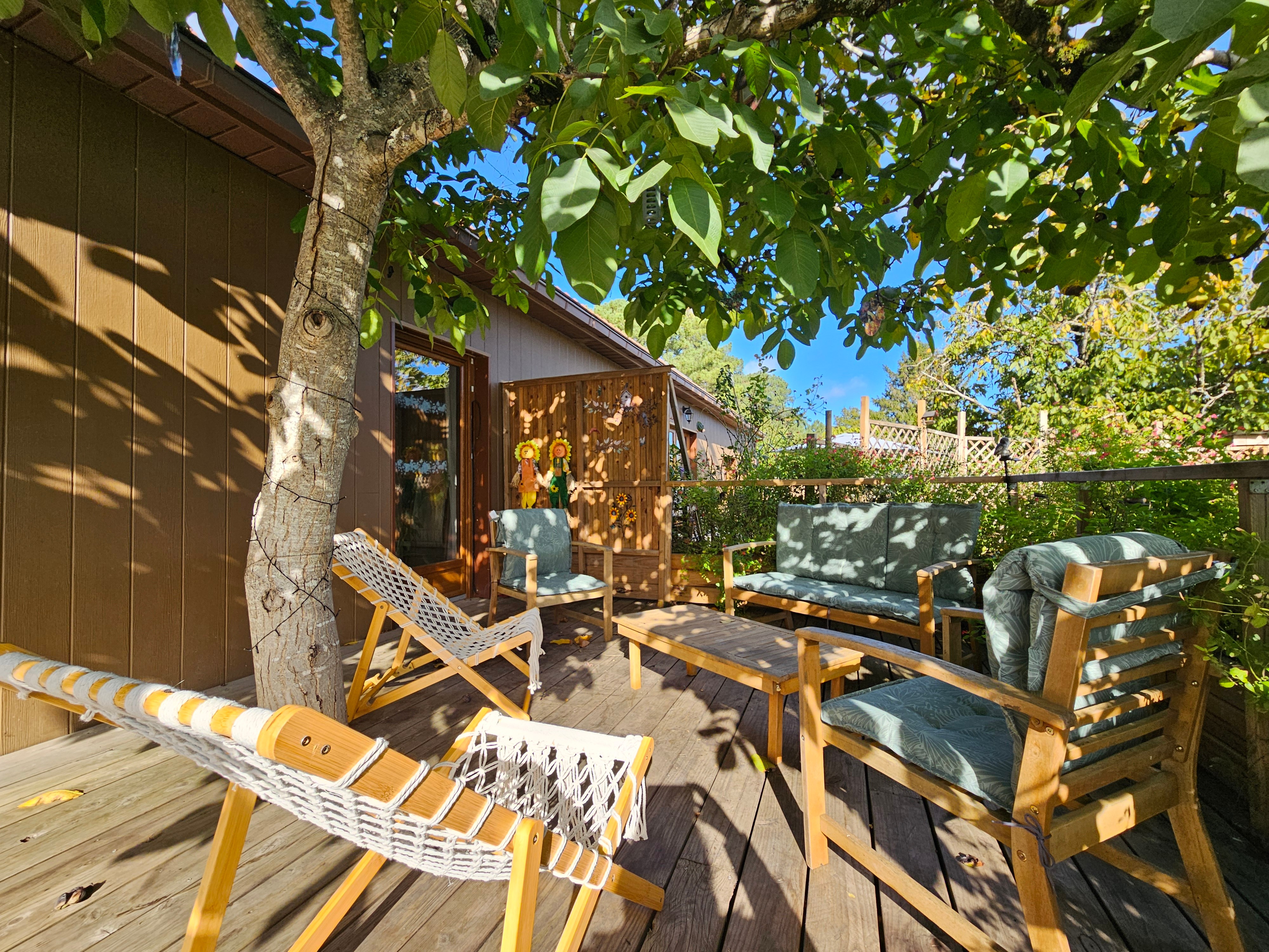 Raised terrace with disabled access, featuring relaxation areas and no neighbours opposite (apart from the goats!) 